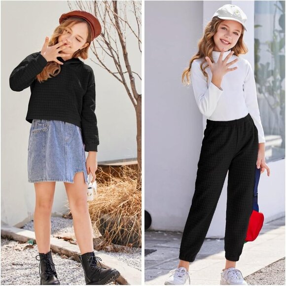 Girls 2 Piece Outfit Waffle Knit Pullover Hooded Sweatshirt and Sweatpants Sets - Picture 6 of 7